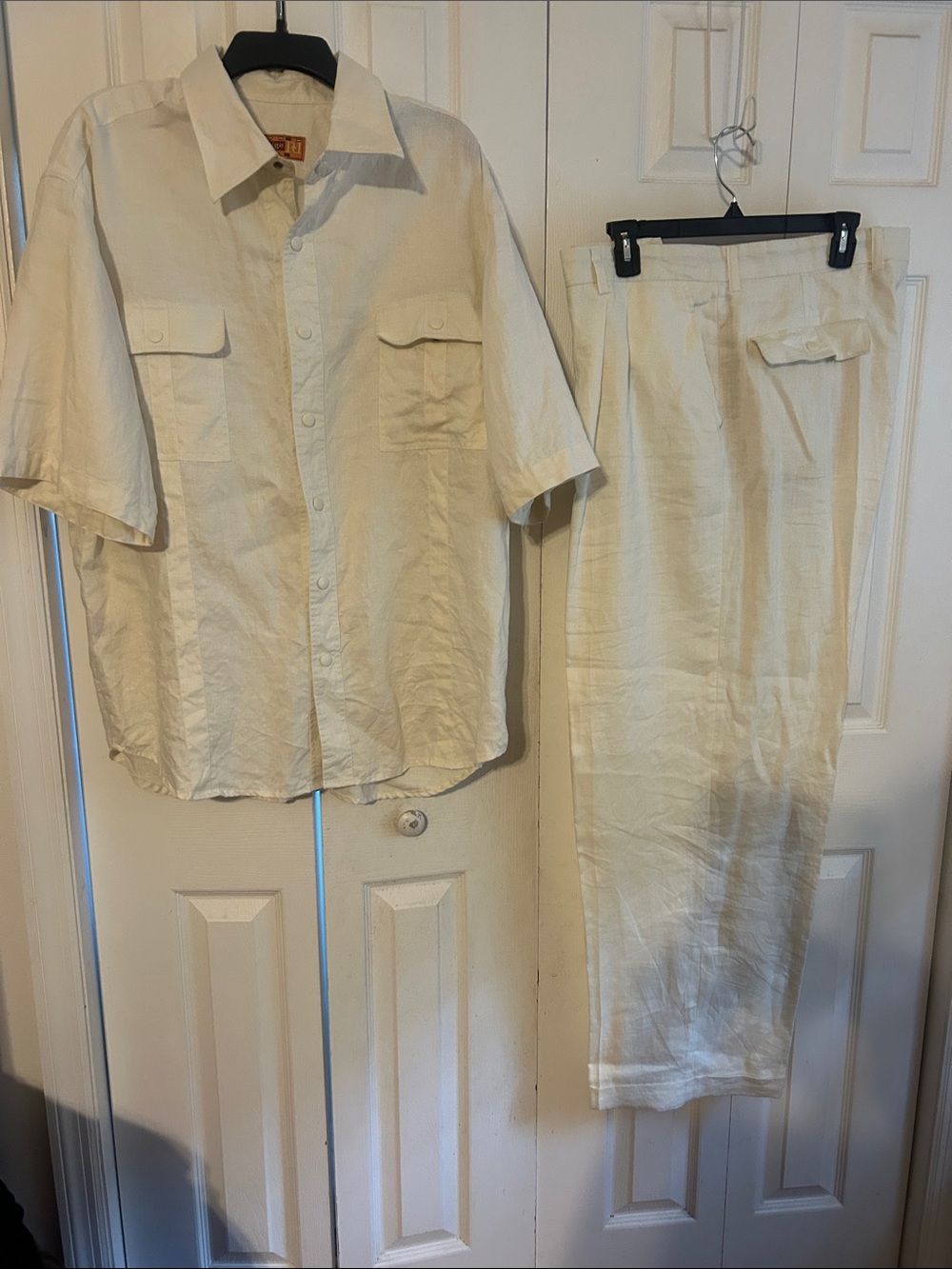 Men's Short-Sleeve Linen Set in Cream. Pants 40/ Shirt XL (pit is 25” across